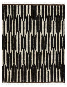 Hand-knotted wool rug with dark brown and ivory geometric vertical stripe pattern and fringed edges