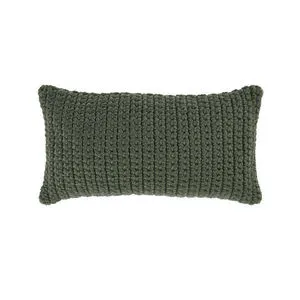Rectangular outdoor throw pillow in dark green with handwoven chunky knit pattern