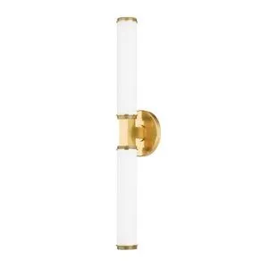 Cromwell 2-Light Wall Sconce in Aged Brass with two vertical cylindrical opal glass shades and knurled detailing on metal ...