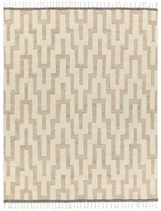 Global hand-knotted 9x12 rug in cream and tan with ribbed chevron pattern and fringed edges