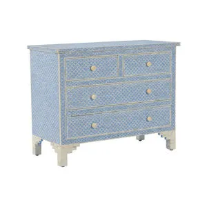 Four-drawer Milford Chest with blue and white bone fish scale pattern and ivory knob handles.