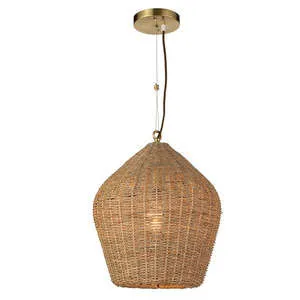 Pendant light with teardrop-shaped rattan shade and gold hardware ceiling mount