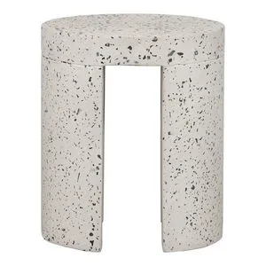 Round concrete terrazzo composite outdoor stool with open rectangular cutout base, speckled white and black finish