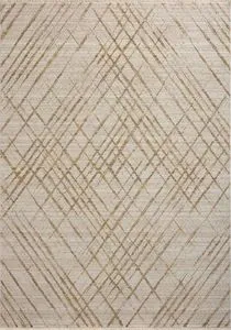 Beige and gold abstract patterned area rug with linear motifs and distressed texture