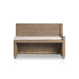 Senna Woven Dining Bench with rattan body and neutral fabric cushion in antique-inspired coastal style