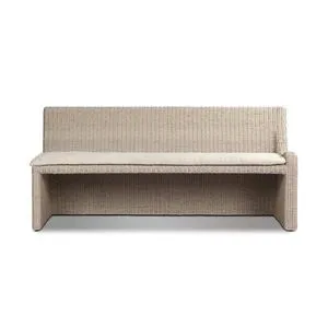 Senna outdoor dining banquette in vintage white rattan with soft fabric cushion and curved frame