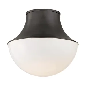 9-inch Lettie Small Led Flush Mount ceiling light with a curved black metal canopy and a white frosted glass dome shade