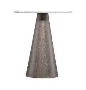 Round accent table with white marble top and dark brown cone-shaped wire-brushed Quartered Oak Veneer base