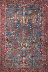 Loren Blue Red Rug with vintage hand-knotted style, intricate red and blue pattern, soft polyester base