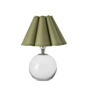 Giorgio Crystal Mini Lamp with green scalloped fabric shade, clear round glass base, and polished nickel hardware