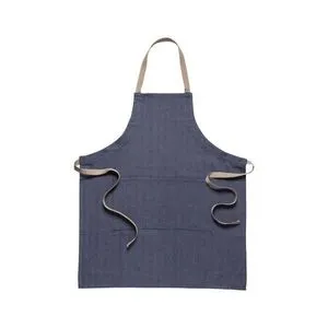 Blueberry-colored kitchen apron with beige adjustable neck and waist ties, made from textured cotton fabric