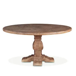Round dining table in antique oak finish with solid mango wood pedestal and over-sized carved base