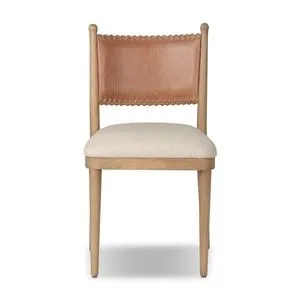 Bella Dining Chair with tan top-grain leather backrest, linen/cotton blend light fabric seat, solid ash frame in light woo...