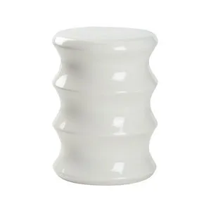 White ceramic glazed stool with bamboo-inspired contoured shape and smooth glossy finish