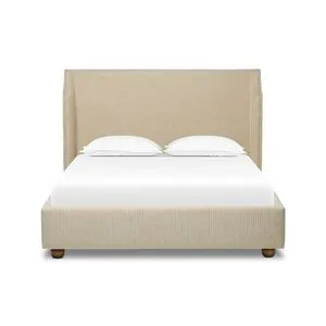 Neutral upholstery bed with slightly angled wings and subtle vertical stripes on headboard and base