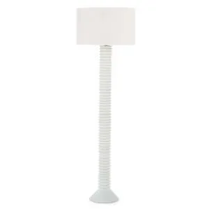 White Nabu metal floor lamp with accordion-like textured base and simple cylindrical fabric shade