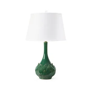 Table lamp with green glazed ceramic lotus-inspired base and white drum shade, 31 inches tall