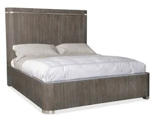 Modern Mood Panel Bed with wire-brushed dark Mink oak veneer, pewter-finished metal inlay trim, and metal-wrapped feet
