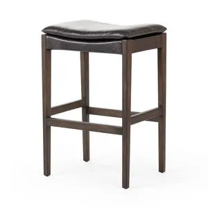 Aya Stool with solid burnt oak legs and black top-grain leather cushion, modern transitional bar stool design
