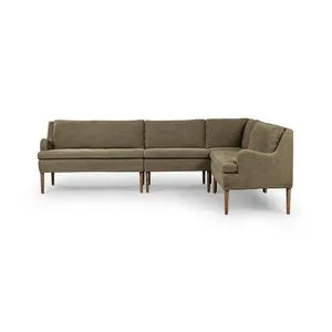 Aurelia Dining Banquette L-shape bench in olive linen with tapered wooden legs and sloping track arms