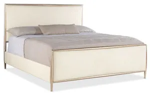 King size bed with Radiance finish metal frame and Trendy Snow upholstered headboard, footboard, and rails
