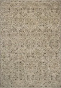 Traditional Briar Mossed Silver rug with muted earth tones, complex vintage motifs, and subtle black shrink yarn texture