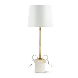 Ribbon Gold Steel Table Lamp with tall gold leafed neck, metal ribbon detail, and alabaster cylindrical base topped by whi...