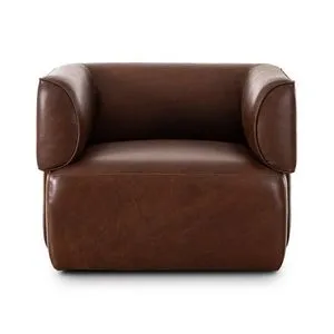 Pacey Swivel Chair with rounded arms, smooth mahogany top-grain leather upholstery, and 360-degree swivel base