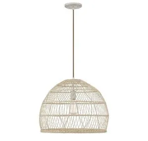Turks 1 Light Pendant with dome-shaped basket-inspired natural rattan shade and visible socket and bulb