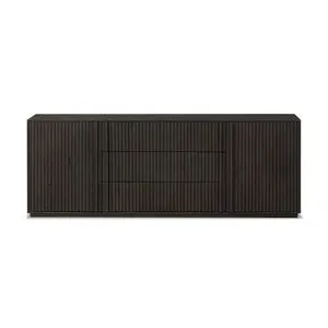 Rustic oak media console with plinth base, linear reeding on doors and drawers, dark finish, midcentury style