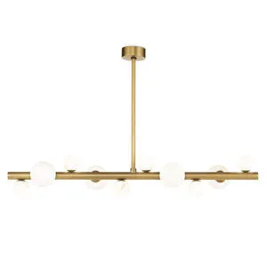 Natural brass steel chandelier with multiple alabaster stone orbs arranged along a horizontal metal bar