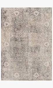 Neutral vintage style rug with distressed traditional motifs in stone and ivory tones, subtle high-low texture