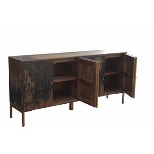 Rustic solid hardwood sideboard with black antiqued finish over golden stain, four doors open revealing interior shelving