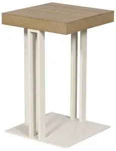 Montecito Outdoor Square Accent Table with natural wood top and white metal frame with clean architectural lines