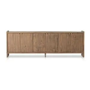Etro Media Console in solid pine wood with four doors, visible wood grain, and leather door pulls