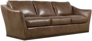 Fairfax Stationary Sofa in Hazlenut leather with three cushions, flared arms, and wood plinth base