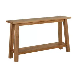 Paige Teak Console with rectangular solid top and bottom shelf, angled legs, natural teak wood finish
