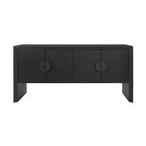 Black four-door buffet with painted grasscloth texture and large round black oak handles