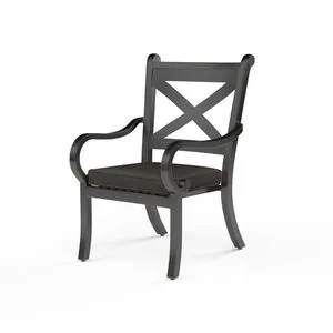 Monterey Motion Dining Chair in dark espresso aluminum with curved armrests and X-back design with seat cushion