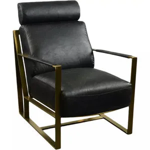 Three-quarter angle of Paradiso Chair highlighting gold frame and padded black leather seat and backrest