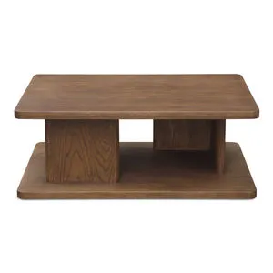 Casey Coffee Table with rustic brown wood, vertical support with bullnose edge, and open storage beneath top