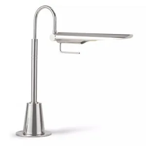 Sleek silver Raven Task Lamp with aerodynamic adjustable shade and curved neck on a round base