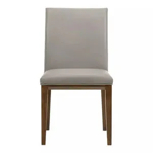 Frankie dining chair with light gray leather upholstery and wooden legs, featuring cushioned seat and backrest