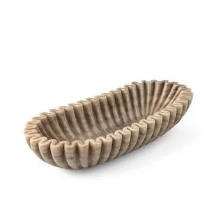Oval bowl made of brown marble with ruffled edges and warm earthy tones, featuring a sculptural silhouette.