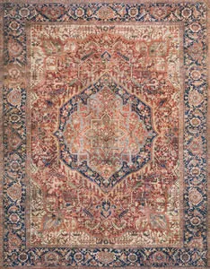 Layla Red / Navy Rug with traditional central medallion, intricate floral patterns, and navy border in red and beige tones.