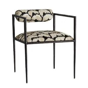 Dining chair with slender hand-forged natural iron frame and ocelot embroidered linen seat and rounded bolster back