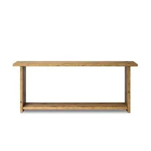 Distressed light oak console table with natural knots, paneled sides, and lower shelf storage