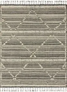 Ivory and charcoal modern Moroccan-style rug with triangular linear patterns and braided details, finished with fringe