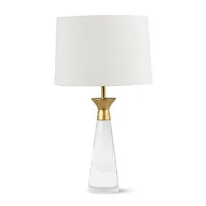 Starling Crystal Table Lamp with conical clear crystal base, gold-leaf metal cap, natural linen tapered shade, and gold ba...