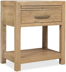 Driftwood one-drawer nightstand in warm sun-faded oak tone with pull-out shelf and bottom shelf